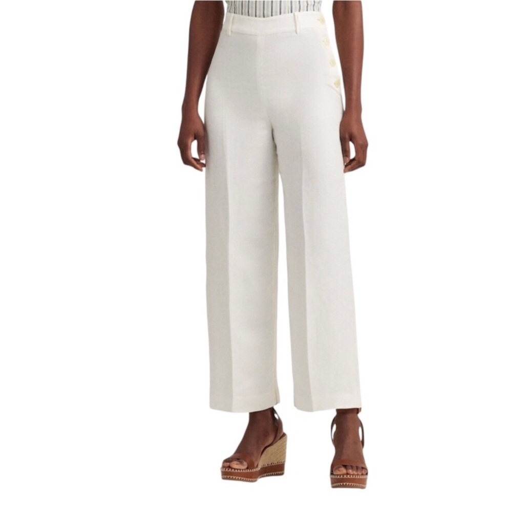 LAUREN RALPH LAUREN White Linen Blend Twill Wide Leg Crop Trouser Pant Size 20W